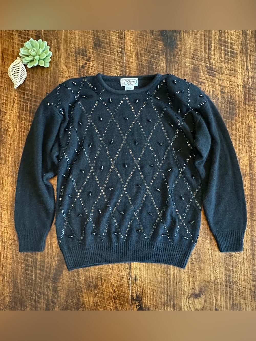 Vintage 80s P'Galli Black Beaded Sequin Silk Blend Argyle Knit Sweater, Size